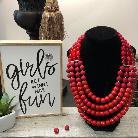 Jewelry - NWT Red & Silver Tone 4 Layer Bead Necklace & Pierced Earrings Set!